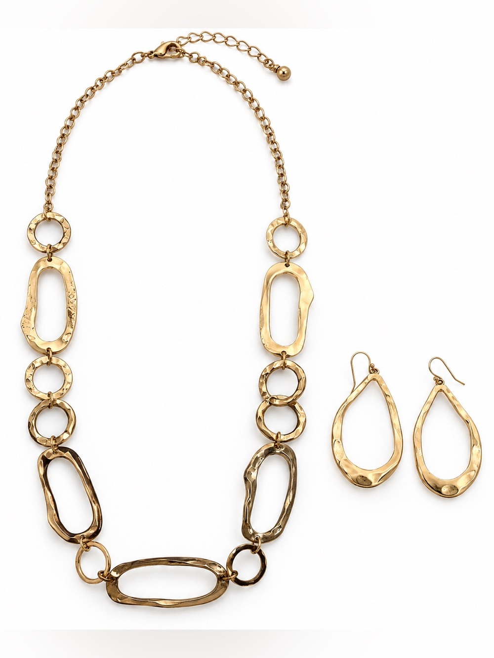 Gold Hammered Organic Link Statement Necklace Teardrop Earrings Set Boho